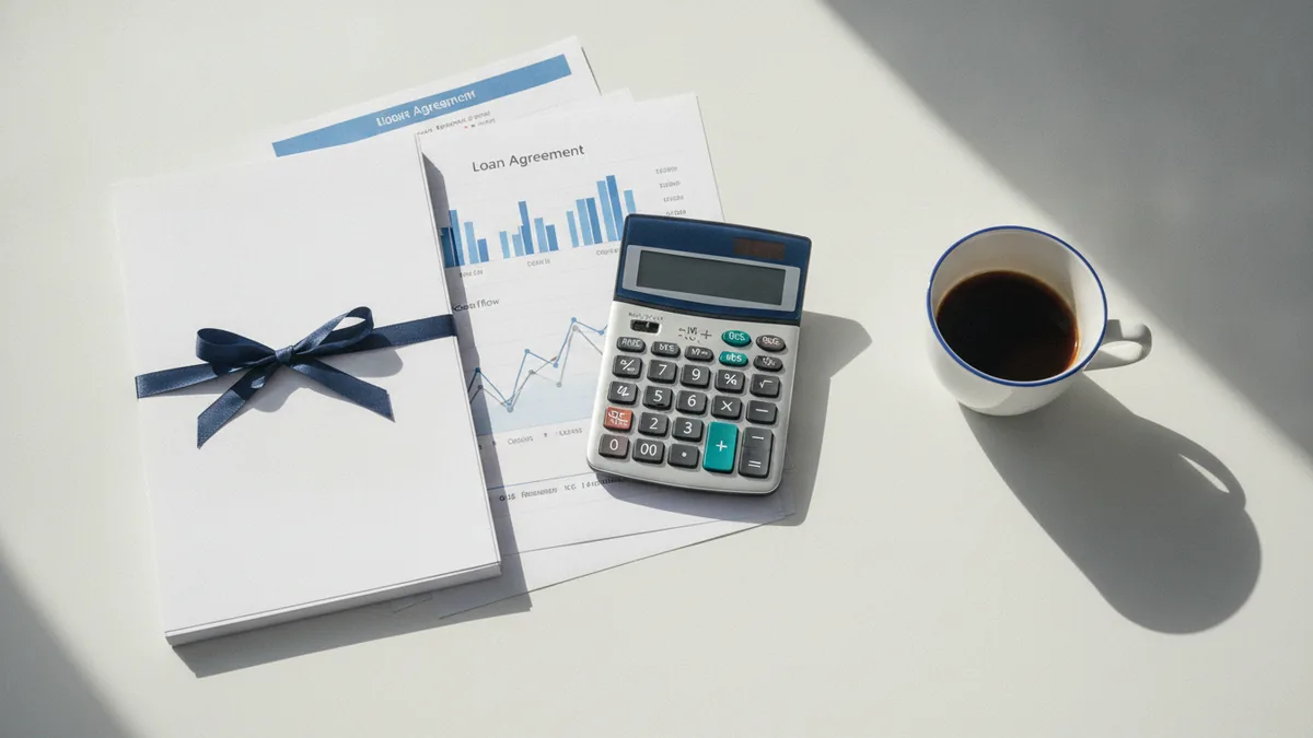Restaurant funding review with budget documents and calculator near a coffee cup