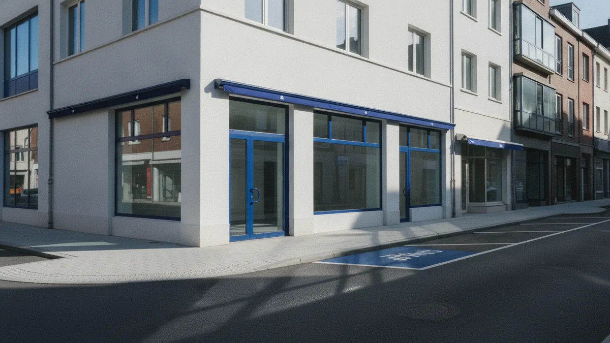 Restaurant site inspection showing storefront, sidewalk access, and nearby parking