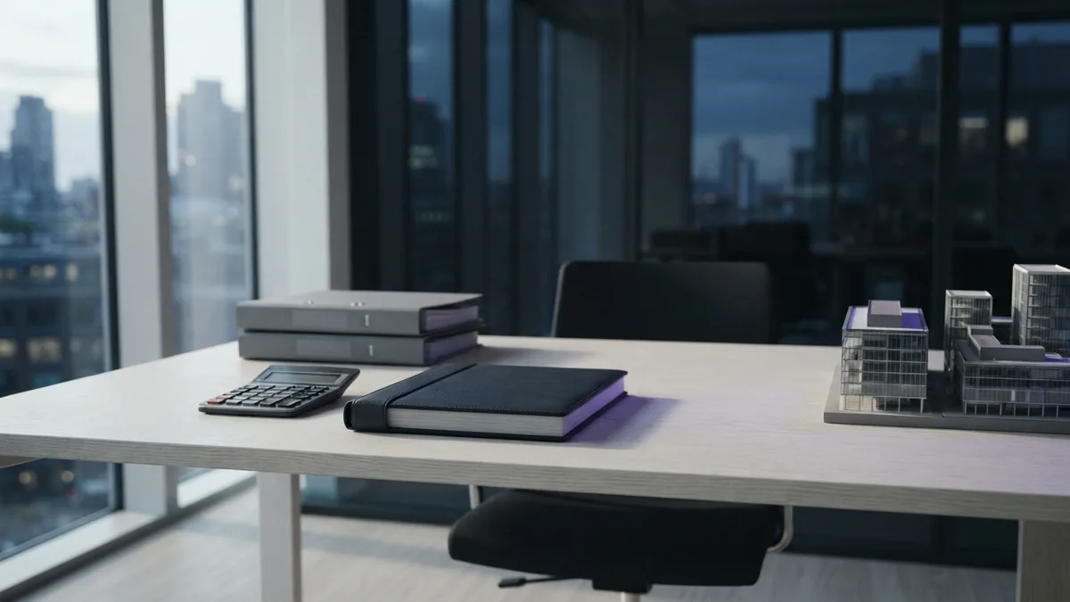 Carefully arranged desk objects for reviewing business value and sale terms