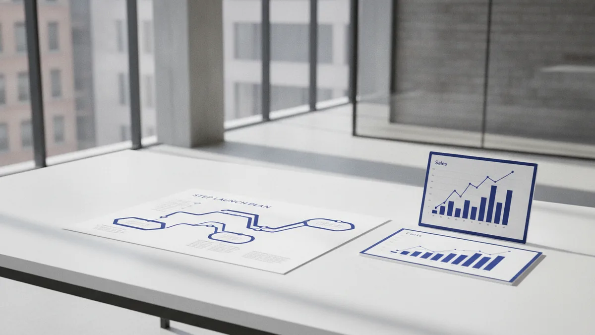 Founder reviewing a step-by-step launch plan beside sales and cost charts