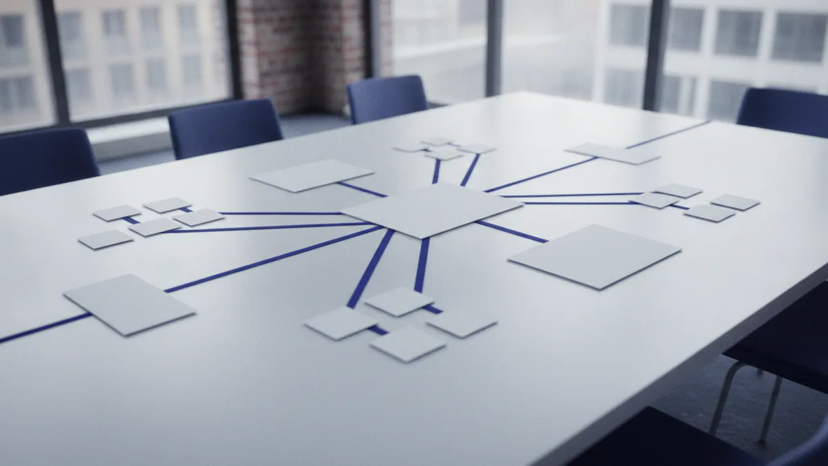 Team arranging a visual business framework with cards and connected planning groups