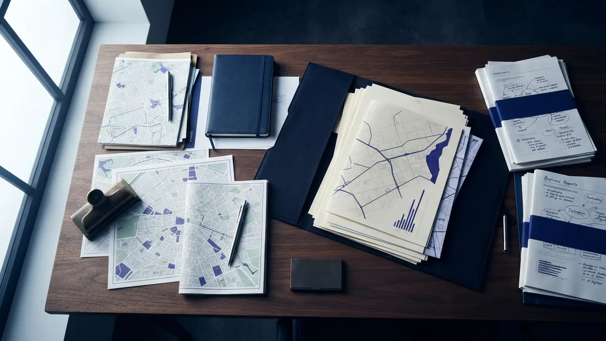 Business planning materials arranged beside a modern office map and growth notes