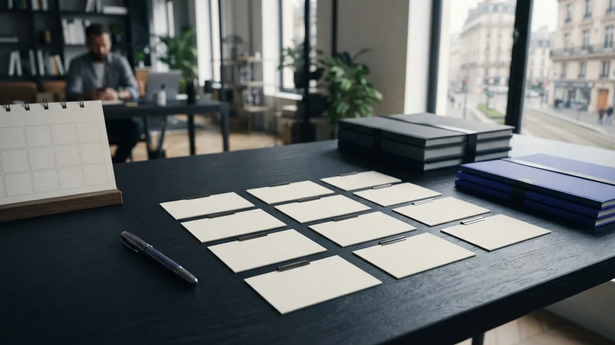 Writing a company description step by step Step-by-step business planning process shown with notes, cards, and a desk calendar