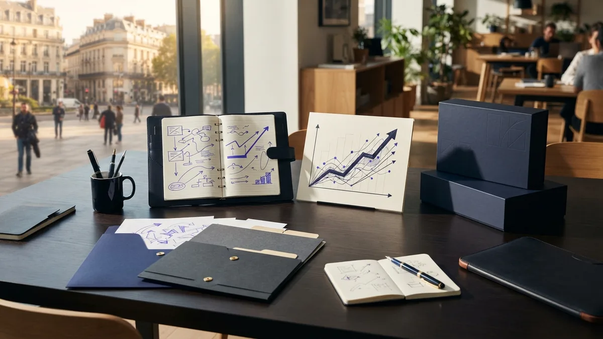 Small business growth planning scene with maps, charts, and workspace materials