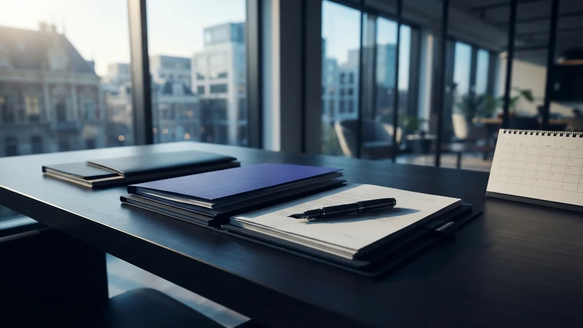 Keeping a company description current Business plan review setup with updated folders, calendar, and financial records