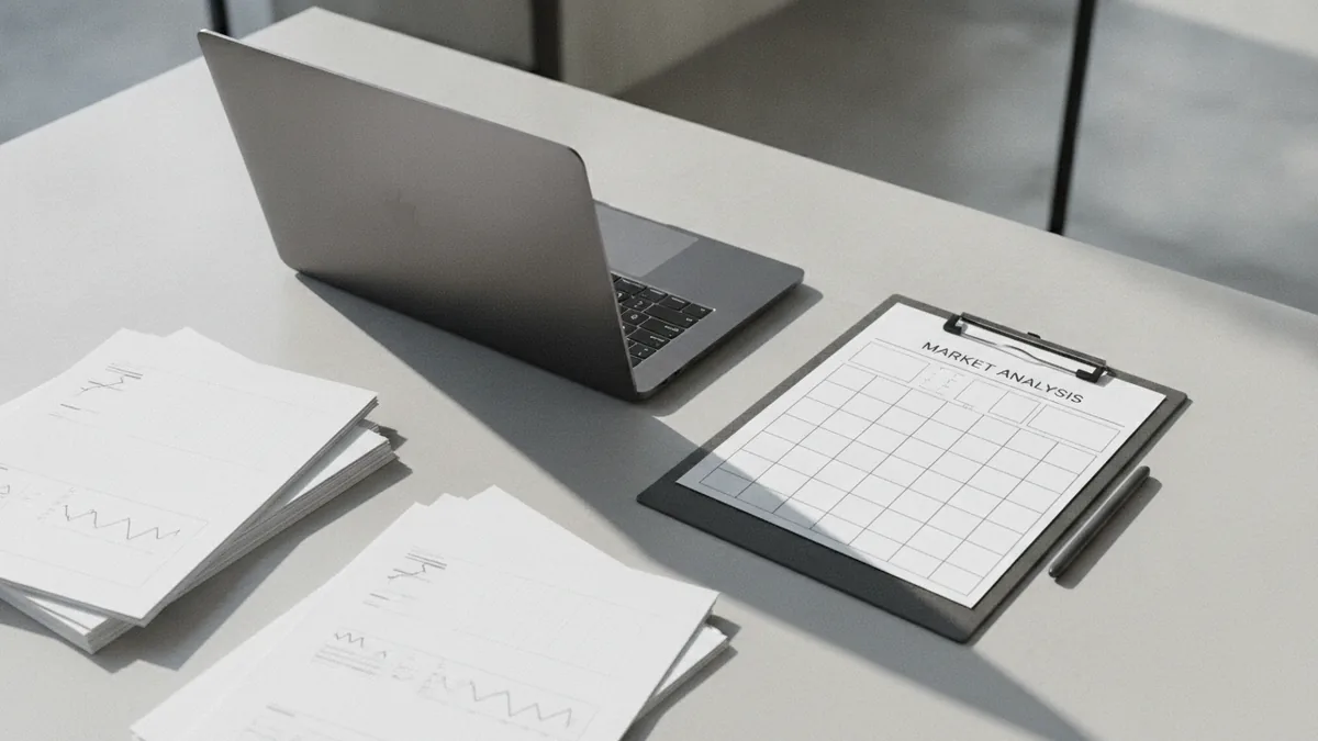 Research your market and rules Planning desk with documents for market and competitor research