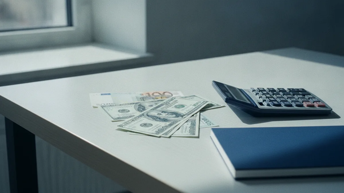 Calculating a USD currency exchange Calculator beside US dollars and euro notes for a currency conversion check