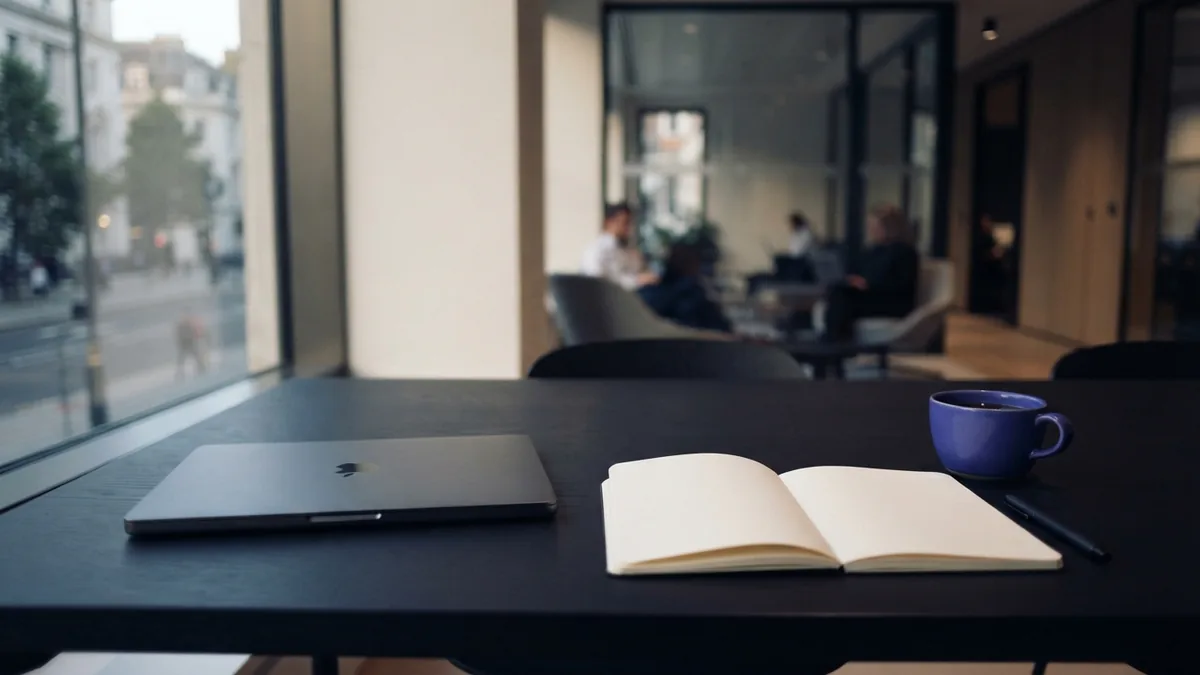 A shared workspace for customer records Minimal co-working desk prepared for shared customer work and CRM use