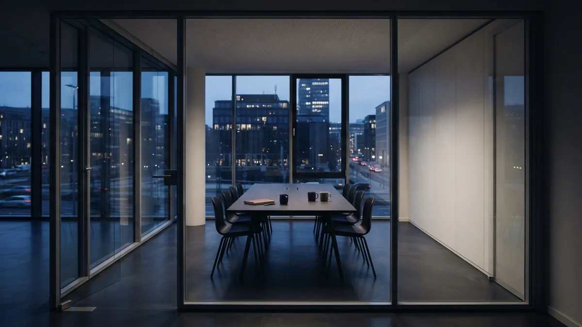 Empty glass meeting room in a European office after a CRM rollout review