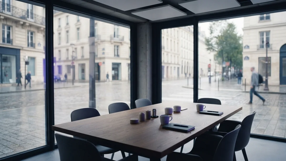 Measured ecommerce planning room Modern European meeting room with product samples and quiet city light