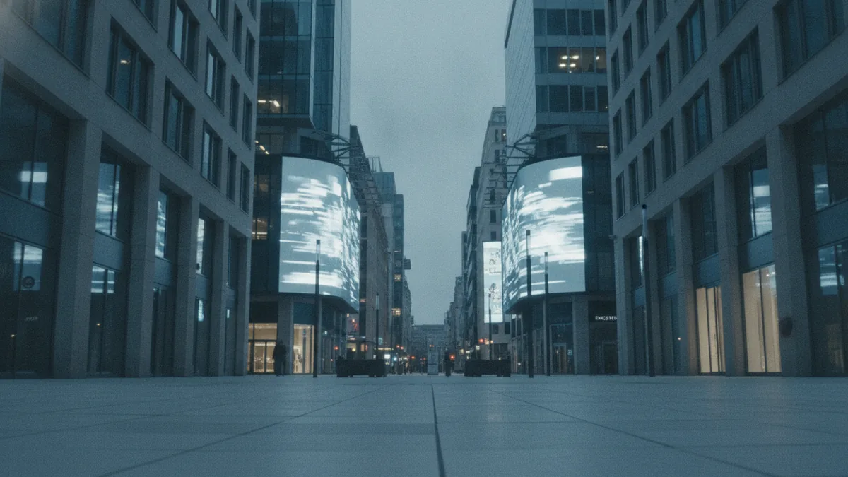 Urban scene with glowing screens symbolizing online ad demand