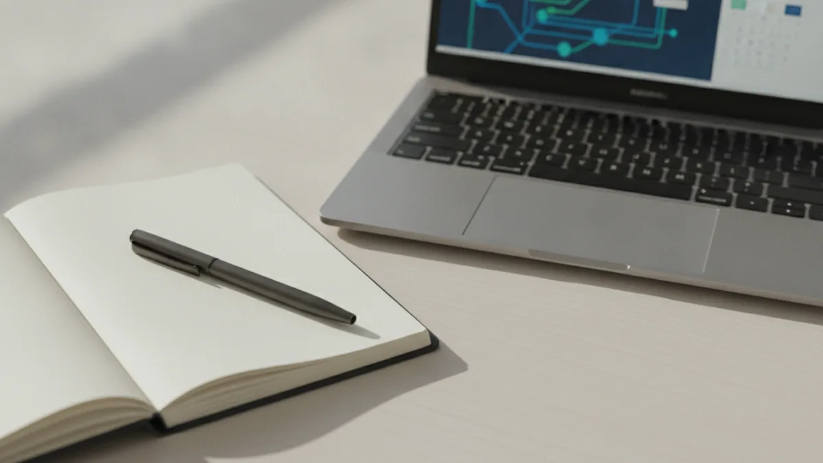 Skills that pay Notebook and laptop setup representing marketing skills learning