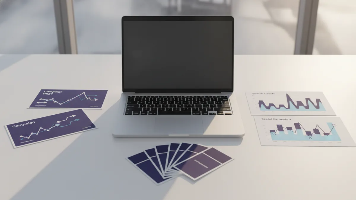 Marketing channel planning Lead generation channels shown through charts and planning cards on a worktable