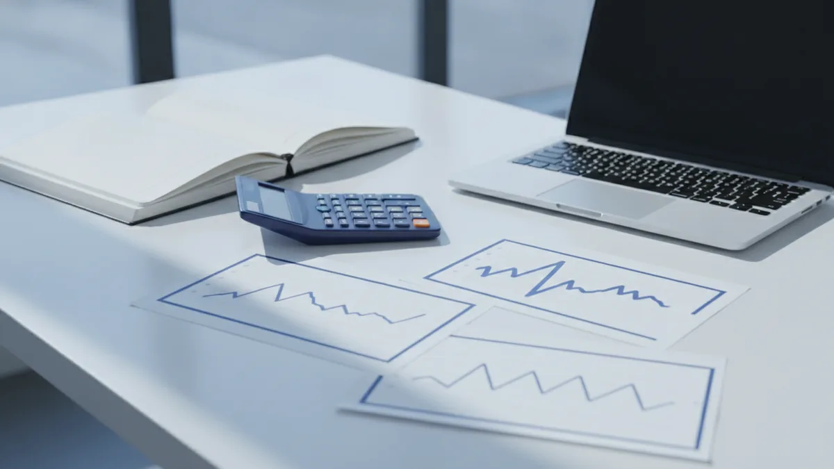 Business analyst reviewing lead metrics with charts and calculator on a desk
