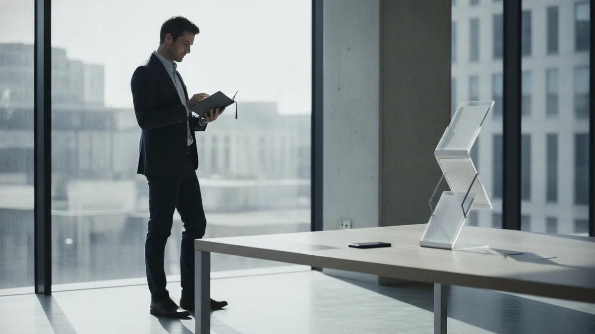 Lead capture moment represented by a notebook and phone near a brochure stand.