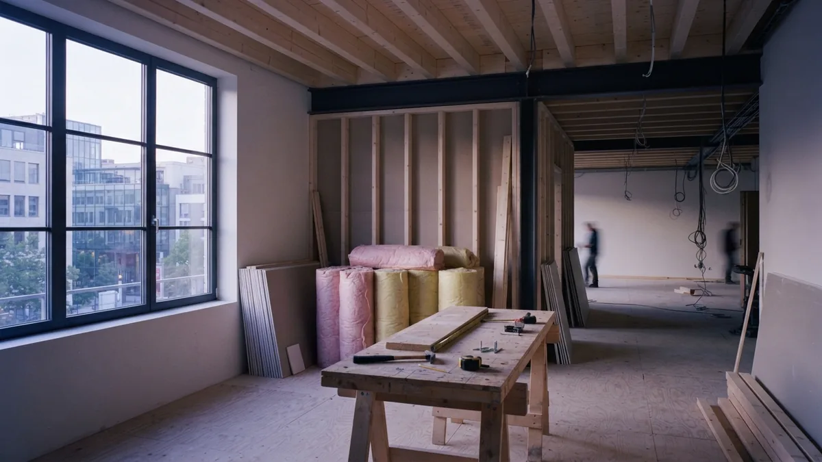 Loft renovation structure showing timber framing, insulation, and open floor space