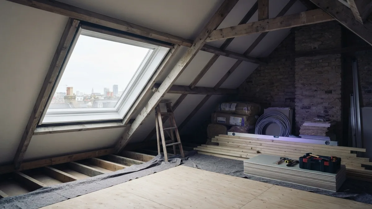Roof window conversion underway Attic conversion with a roof window and visible structural work in a calm, uncluttered space