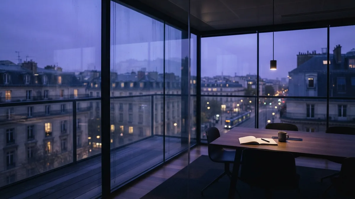 Quiet glass meeting room overlooking a European city at dusk