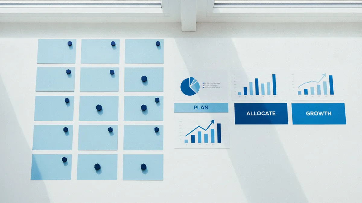 Media planning and buying workflow shown with cards, charts, and campaign tools