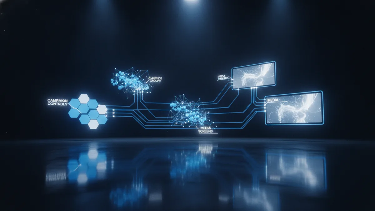 Programmatic advertising data network Programmatic advertising concept shown with connected data paths and campaign controls