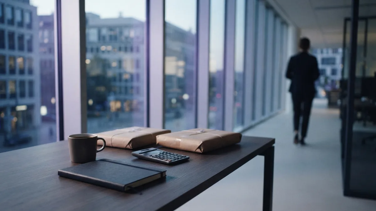 Uncluttered office desk with parcels and financial planning items by glass windows