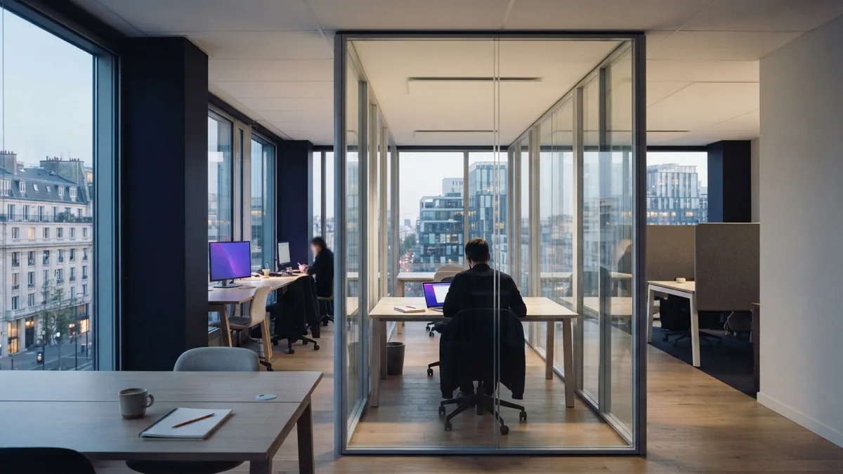 Modern co-working desks and glass partitions represent different outsourcing work models