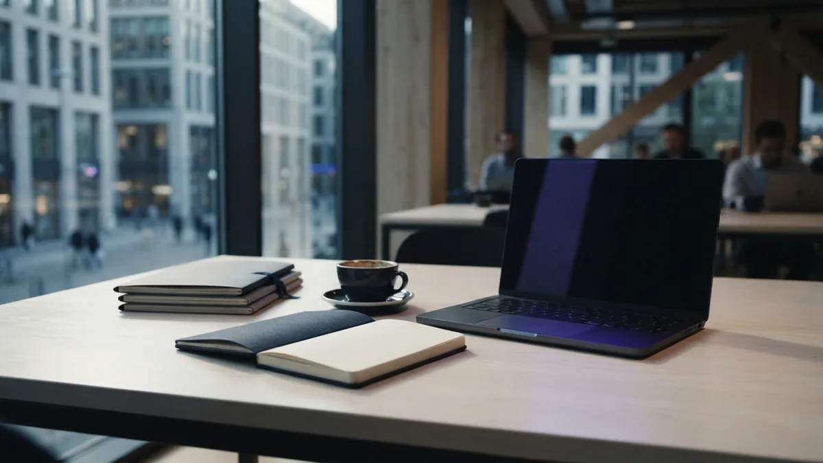 Minimal office desk with coffee and work tools representing business outsourcing choices