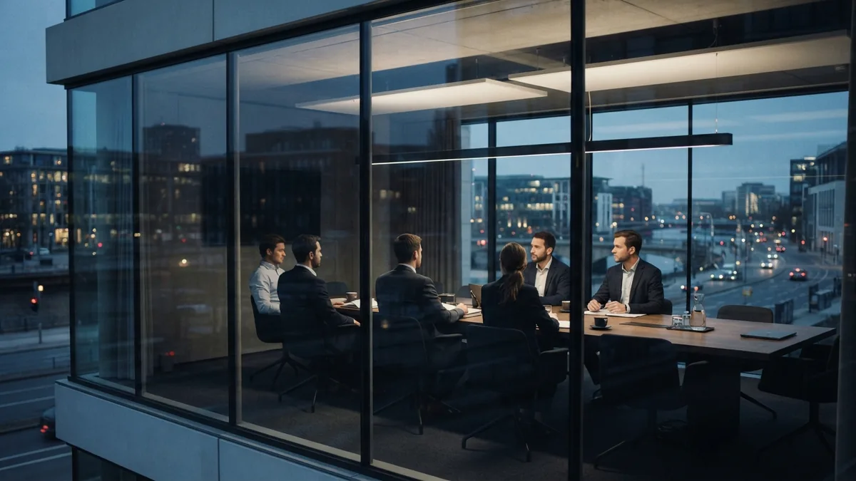 Anonymous business team in a glass meeting room planning an outsourcing partnership