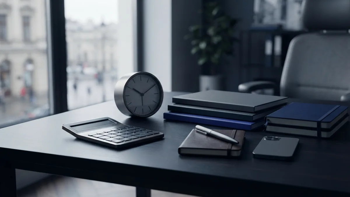 Efficient payroll desk with organized records, calculator, and time saving tools