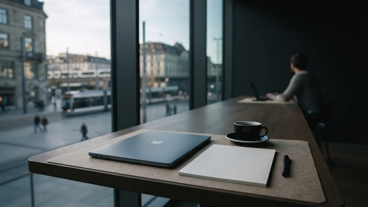 Minimal co-working desk with planning materials for a focused investor pitch
