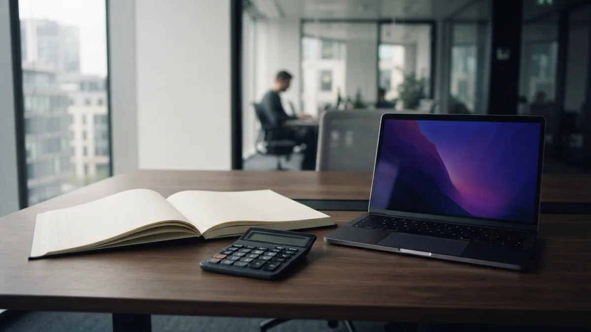 Business records ready for tax forms Ledger and calculator on a modern office desk while preparing business tax forms