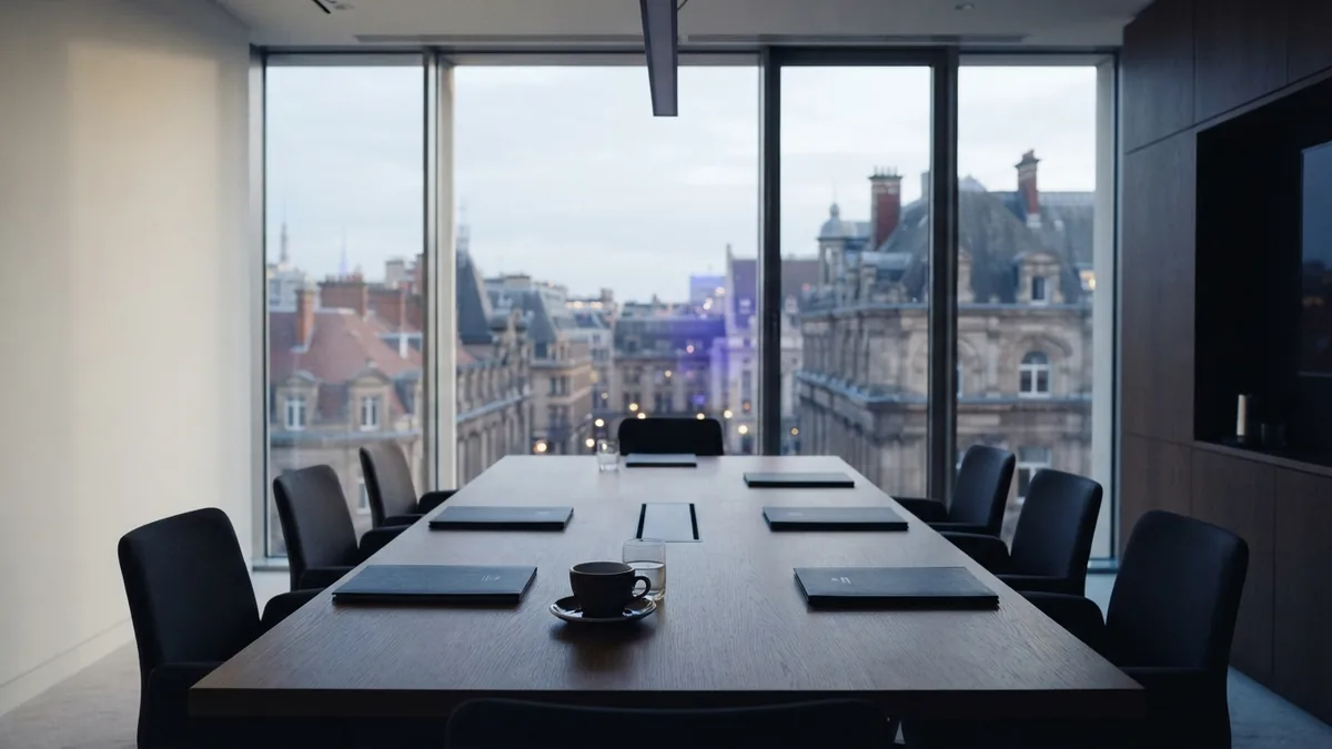 Empty European boardroom prepared for an outsourcing planning session