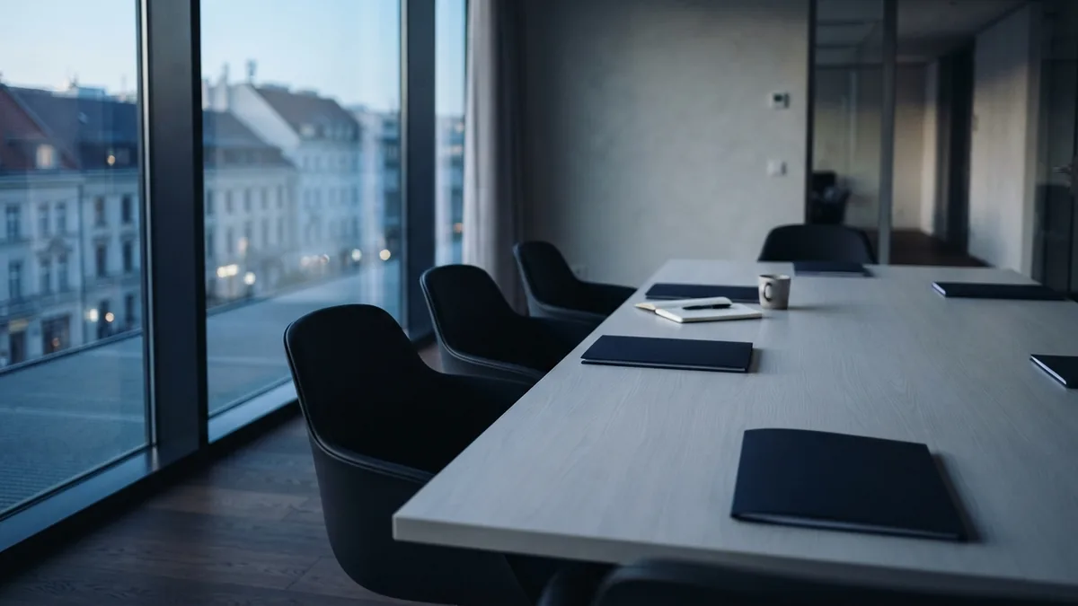 Minimal European meeting room showing a formal business setting