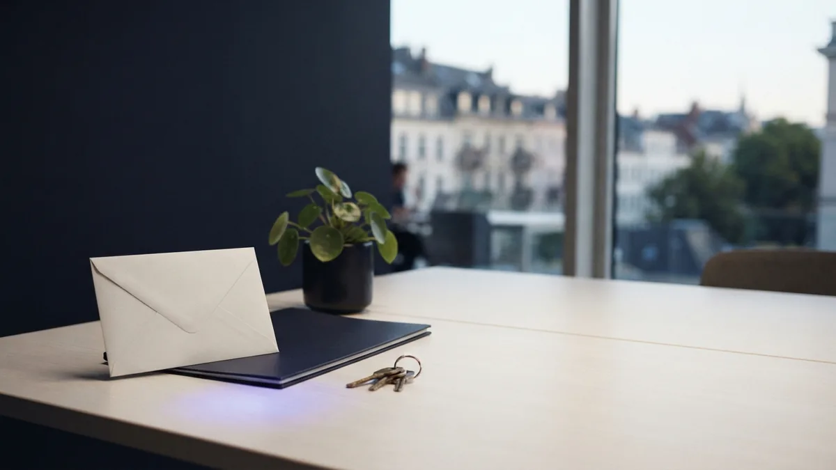 Office desk prepared for business address records and official mail
