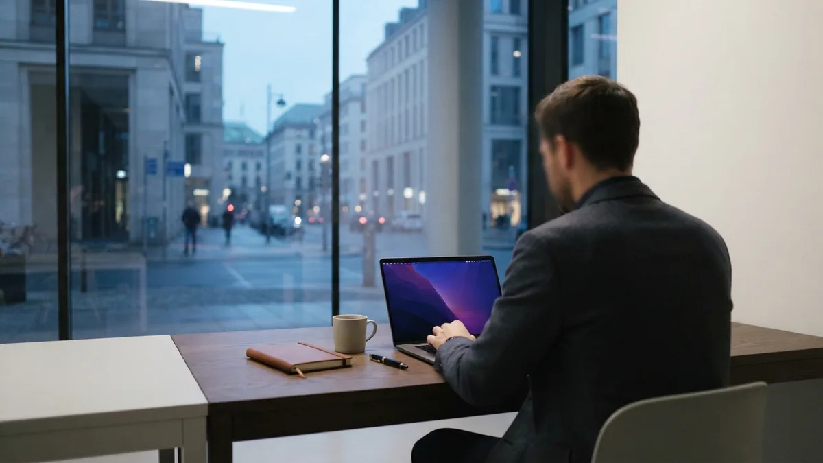 Anonymous professional at a modern office desk reviewing retirement account choices