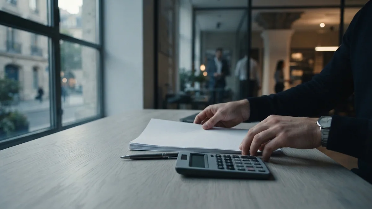 Hands arranging retirement account papers and calculator during a financial review