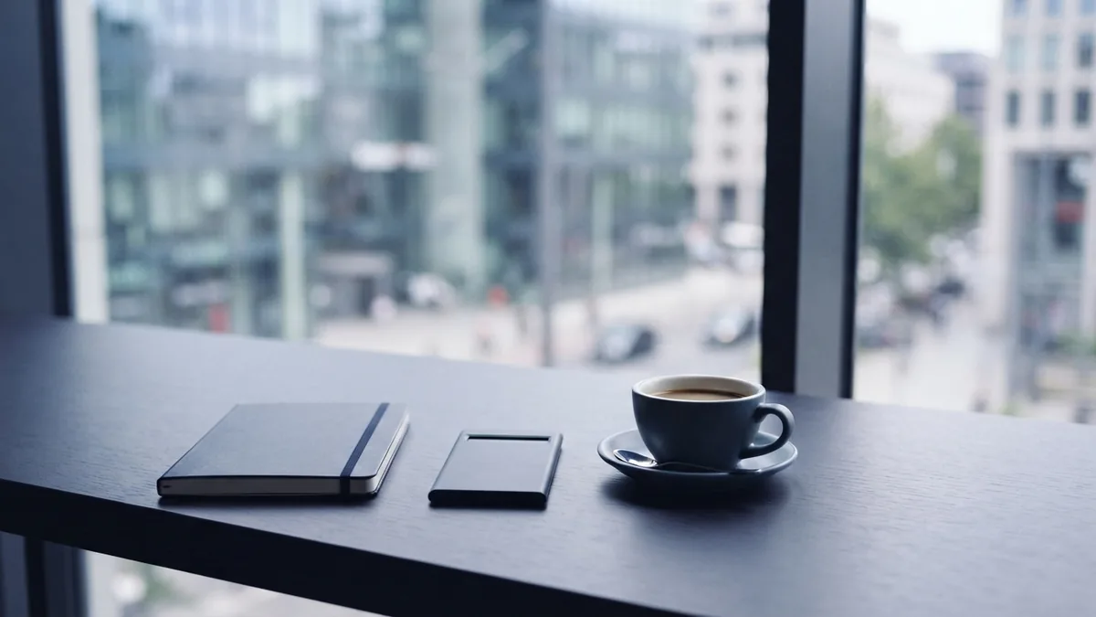 Minimal co-working desk with a blank notebook and coffee in a bright European office