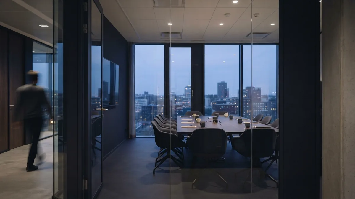 Quiet meeting room with cool reflections Empty modern meeting room with glass walls and a subtle indigo reflection