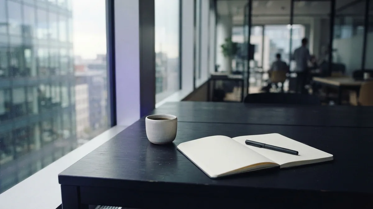 Minimal office desk with a blank notebook set up for early business planning