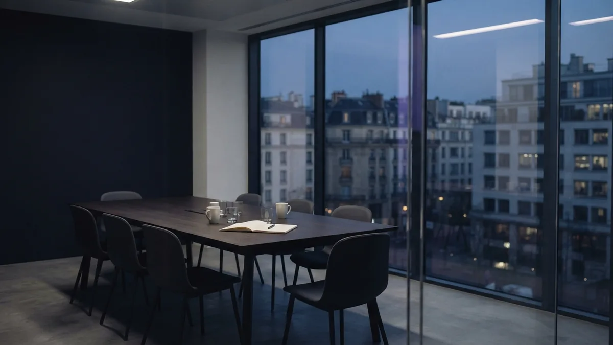 A meeting room for market research Empty glass meeting room overlooking city buildings during market research