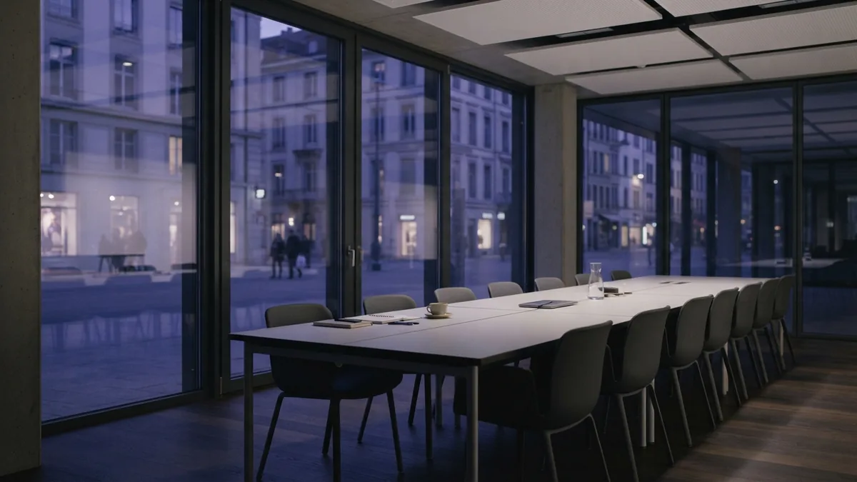 A calm setting for funding choices Modern office meeting space at dusk with glass walls and empty chairs