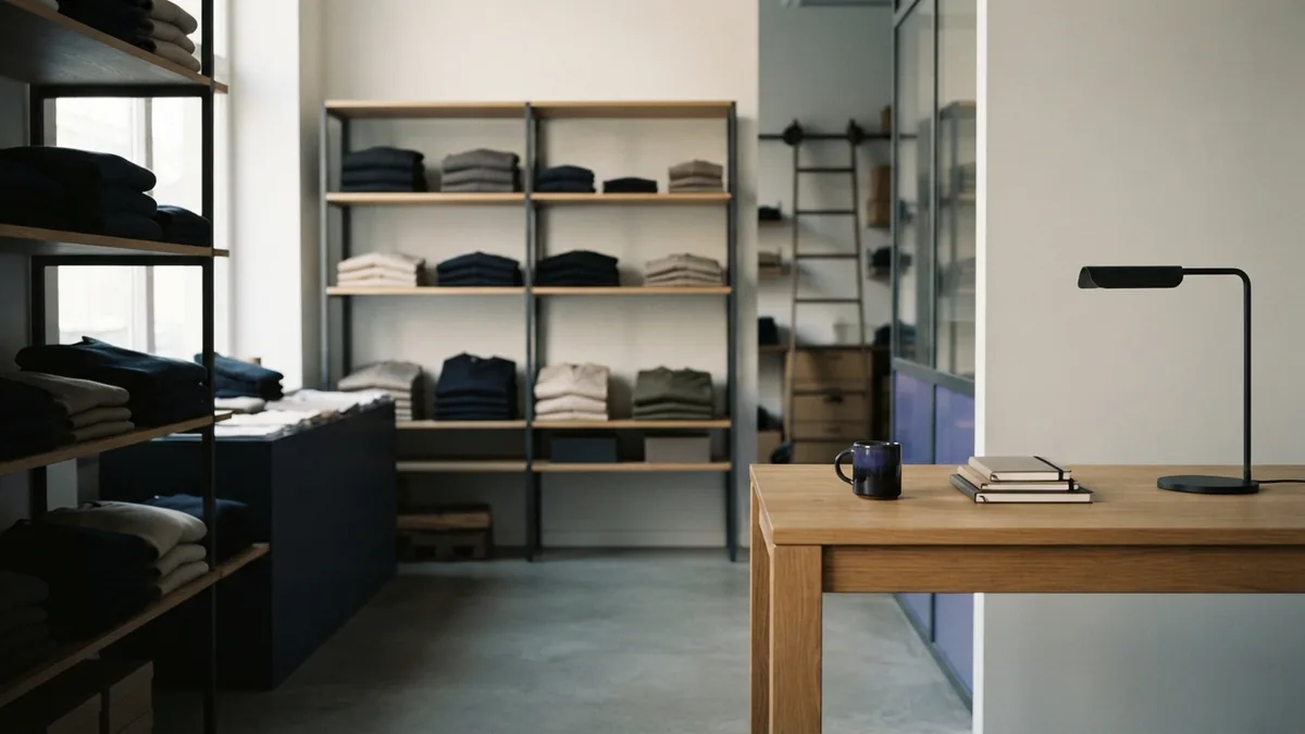 Organized consignment stockroom with folded clothing and shelves ready for careful inventory tracking