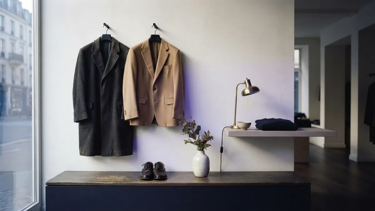 Thoughtful display of pre-owned clothing and home goods in a restrained European resale shop