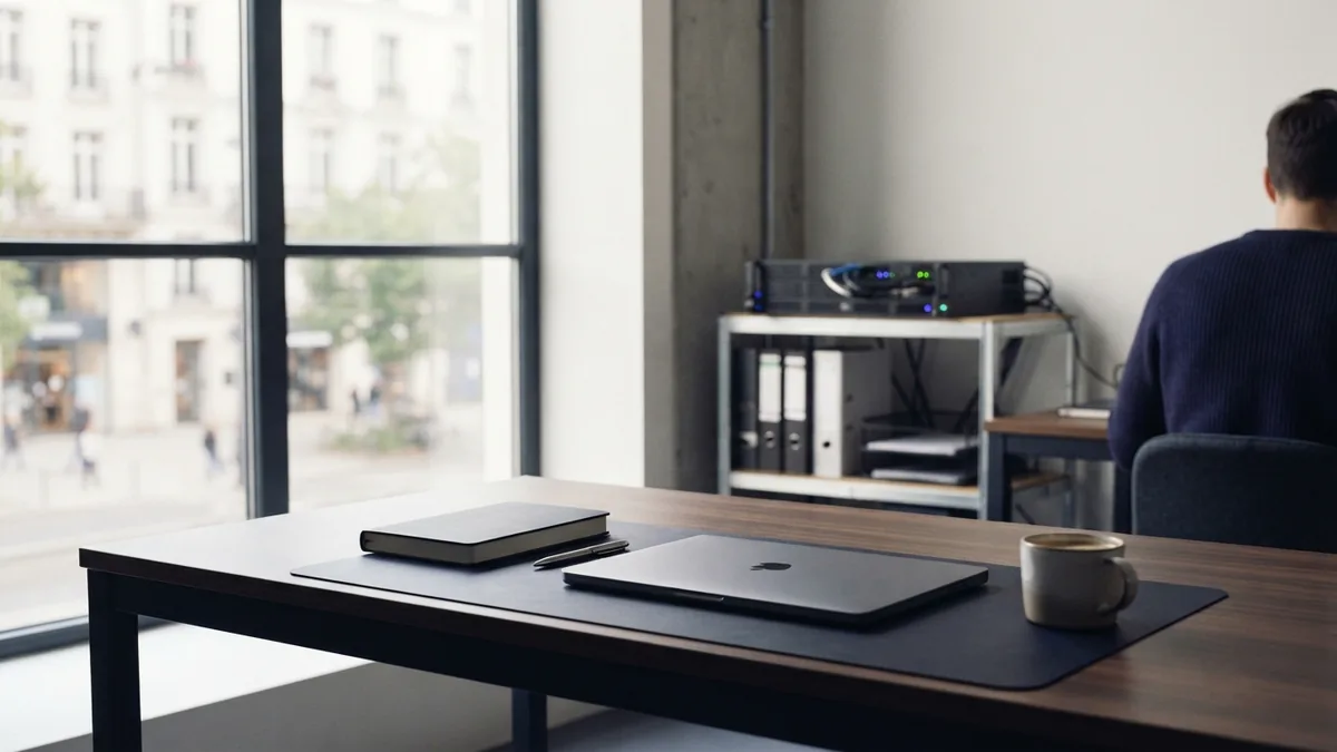 A small office desk beside a compact server unit for a hosting reseller