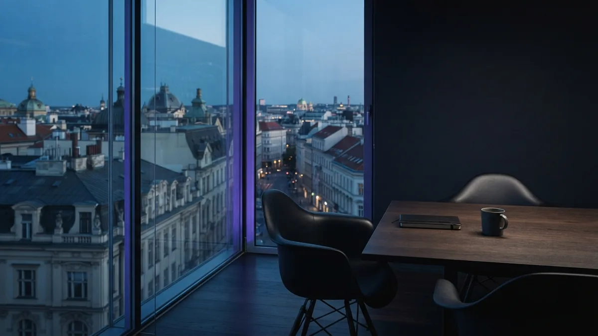 A focused room for business planning An uncluttered European meeting room prepared for a hosting business plan