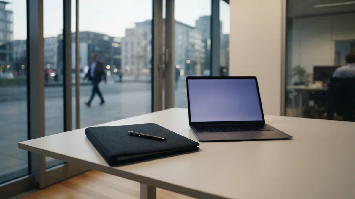A private office desk with business papers and a laptop near glass windows
