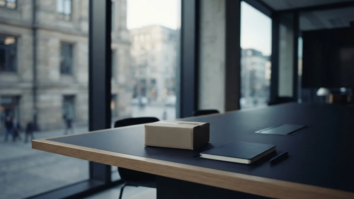 A parcel sample on a meeting table during supplier planning in a modern European office