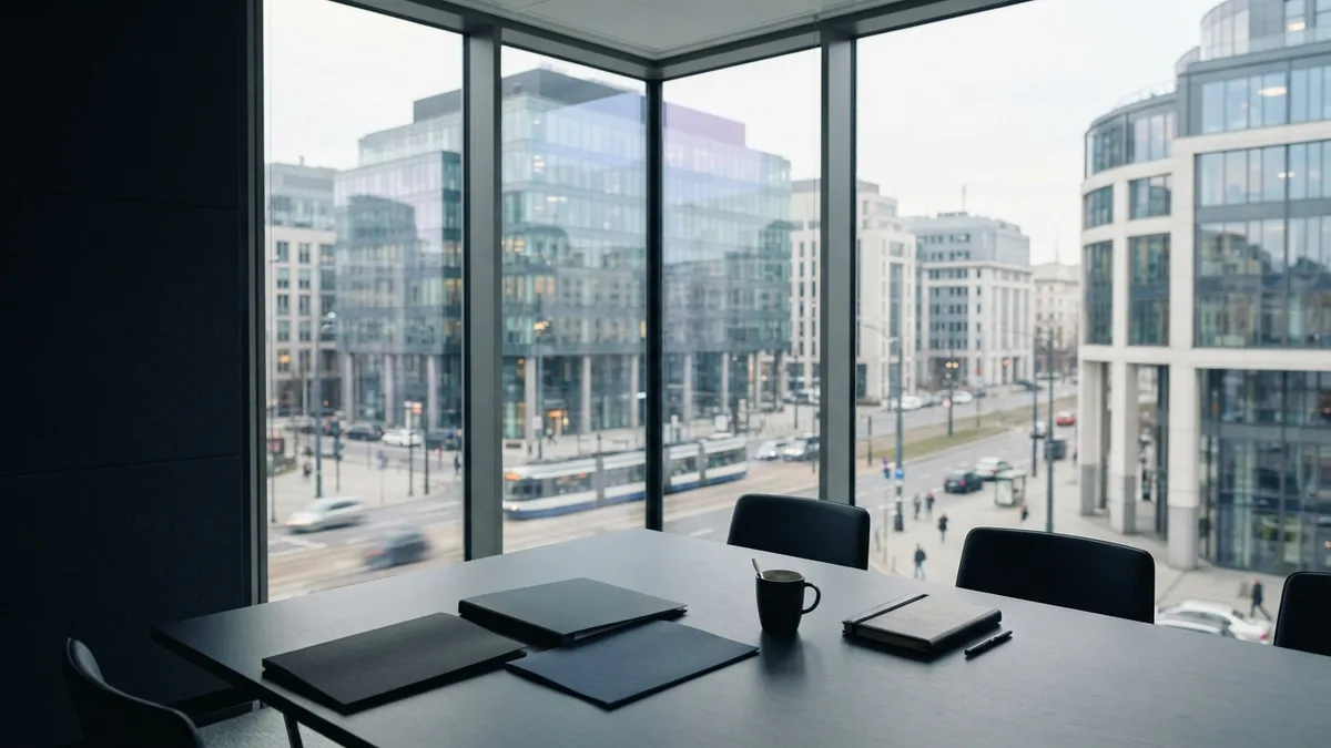 A meeting room for weighing finance business ideas Minimal meeting room in a European office, suited to a finance firm planning its service niche