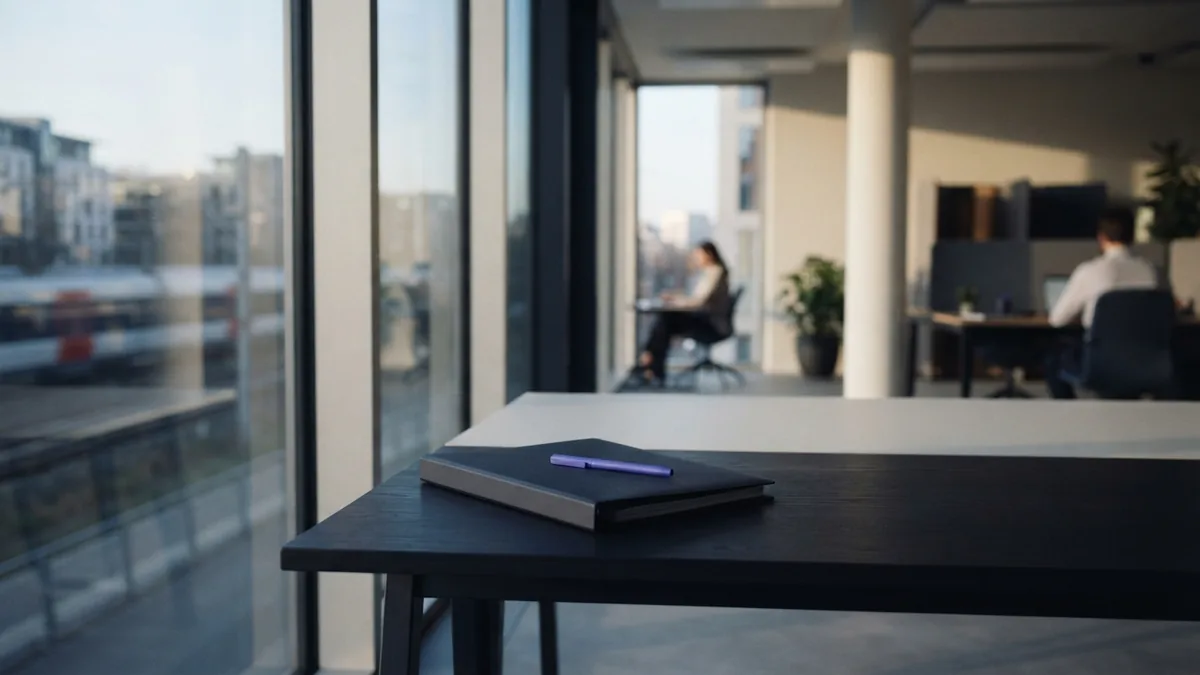 A restrained office scene for planning finance rules Uncluttered office table and glass facade, evoking careful planning for finance rules and licensing