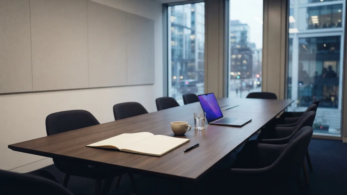 A measured setting for business planning Minimal European meeting room prepared for forex business planning